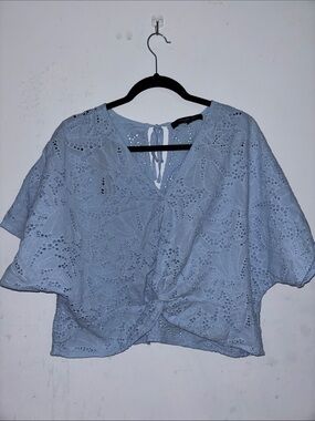 Women’s Light Blue Eyelet Twist-Front Top